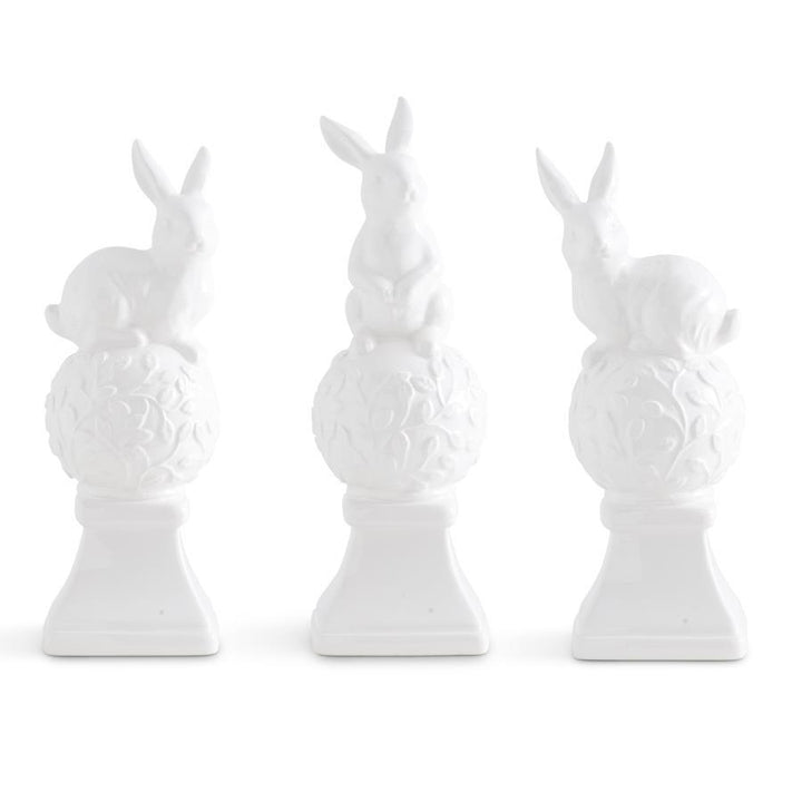 K & K Interiors White Ceramic Finial w/Bunny on Top - 9.75" Style 1