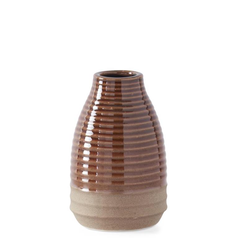 K & K Interiors Glazed Brown Ribbed Vases w/Tan Unglazed Bottoms - 7.5"