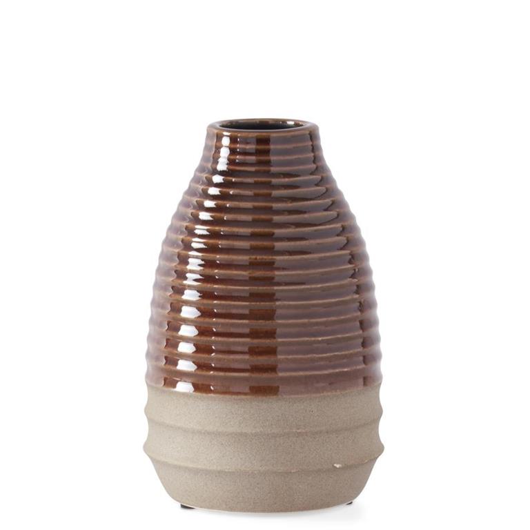 K & K Interiors Glazed Brown Ribbed Vases w/Tan Unglazed Bottoms - 10"