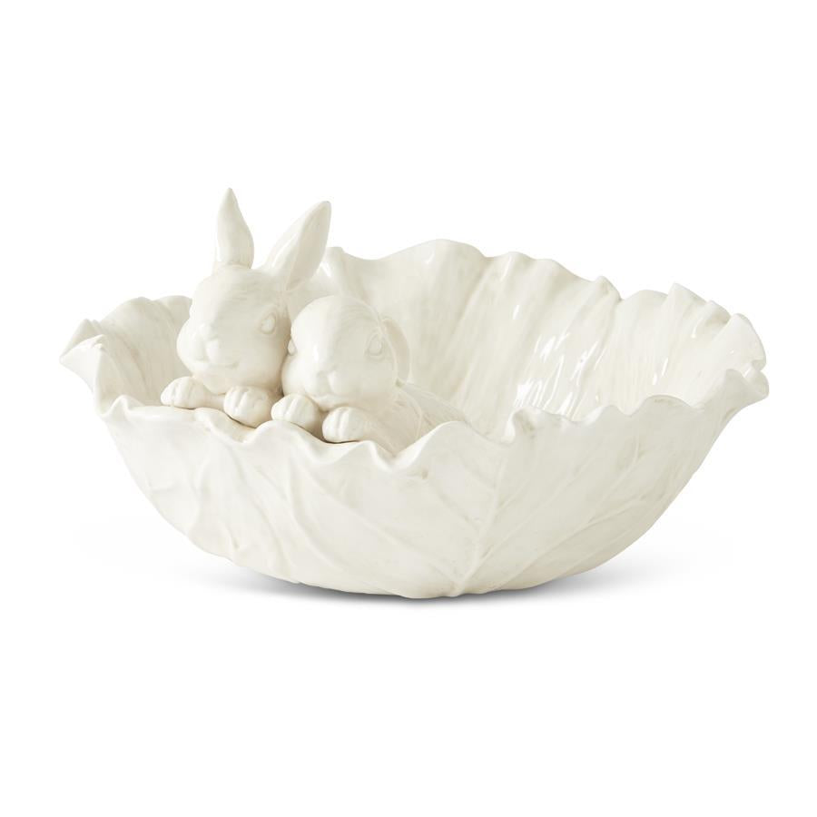 K & K Interiors Antiqued White Dolomite Cabbage Bowl w/Rabbits