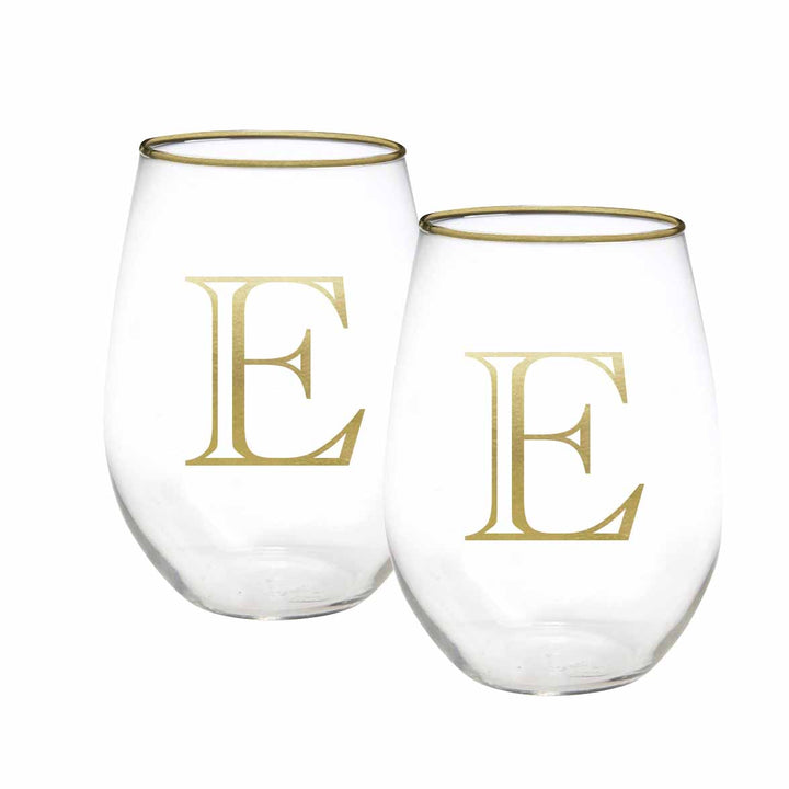 Mary Square Stemless Wine Glass - Initial "E" (Set of 2)