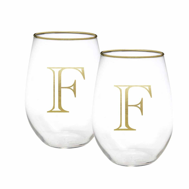 Mary Square Stemless Wine Glass - Initial "F" (Set of 2)