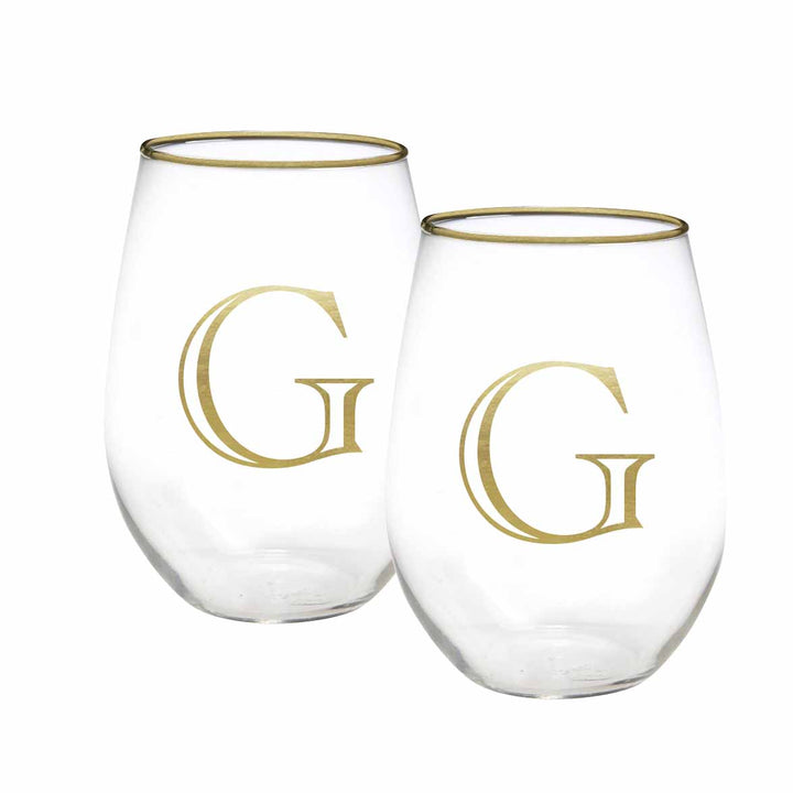 Mary Square Stemless Wine Glass - Initial "G" (Set of 2)