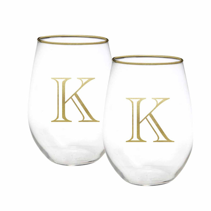 Mary Square Stemless Wine Glass - Initial "K" (Set of 2)