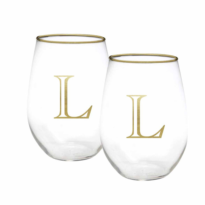 Mary Square Stemless Wine Glass - Initial "L" (Set of 2)