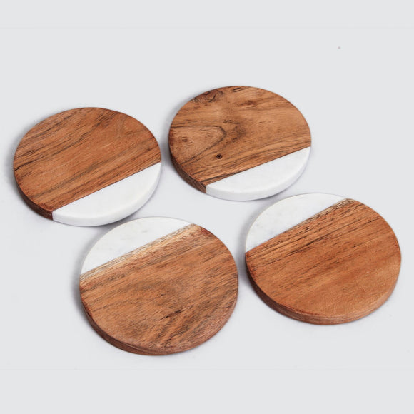 Bzaar Round Acacia Wood & Marble Coaster - Set Of 4