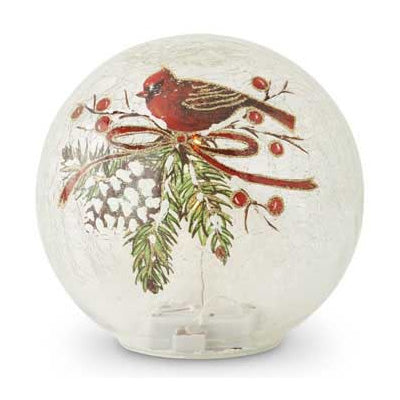 K & K Interiors Round Clear Glass LED Cardinal w/Pinecone Globe - 7"