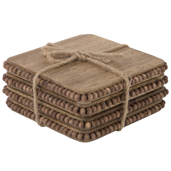 HE Square Natural Beaded Wood Coasters - Set of 4