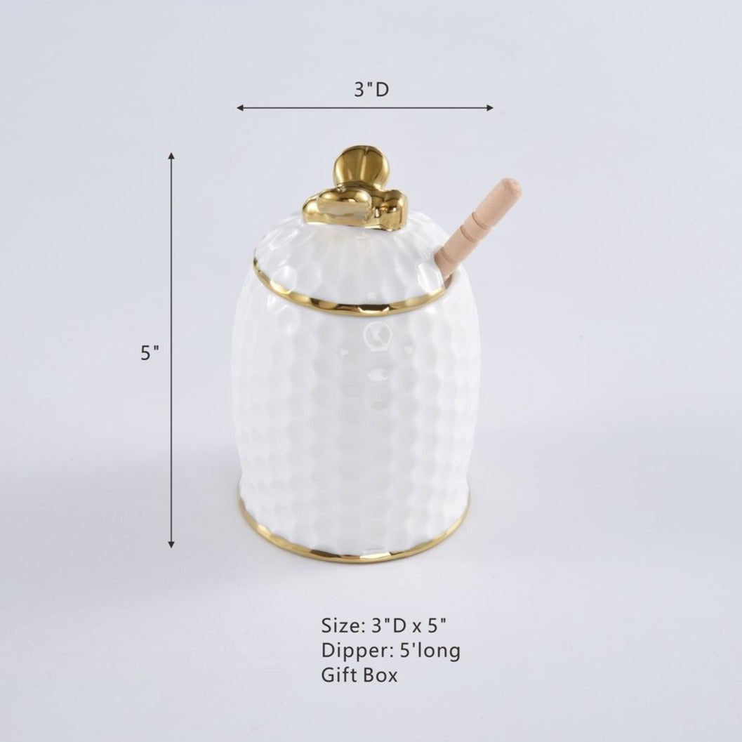 Pampa Bay Honey Jar with Wood Dipper Set - White/Gold