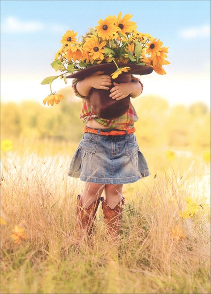 Avanti Press Girl Holding Hat of Flowers Thank You Card