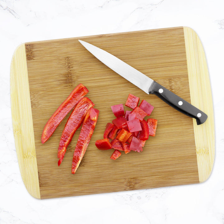 Totally Bamboo Two-Tone Cutting Board with Cheese Tools